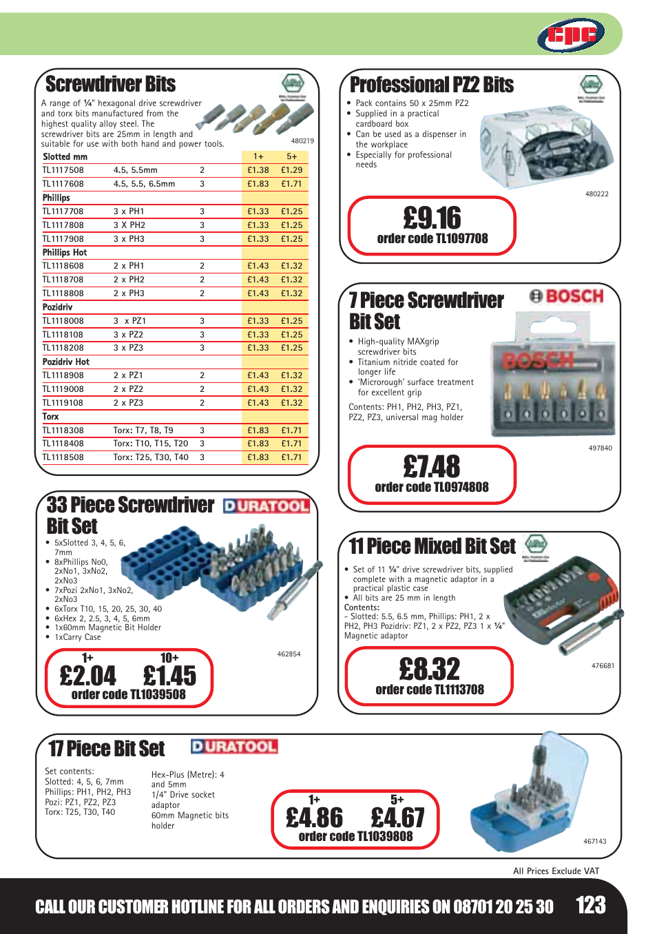 Screwdriver bits, 33 piece screwdriver bit set 17 piece bit set, Professional pz2 bits | 7 piece screwdriver bit set, 11 piece mixed bit set | Bosch LHM0610 User Manual | Page 123 / 148