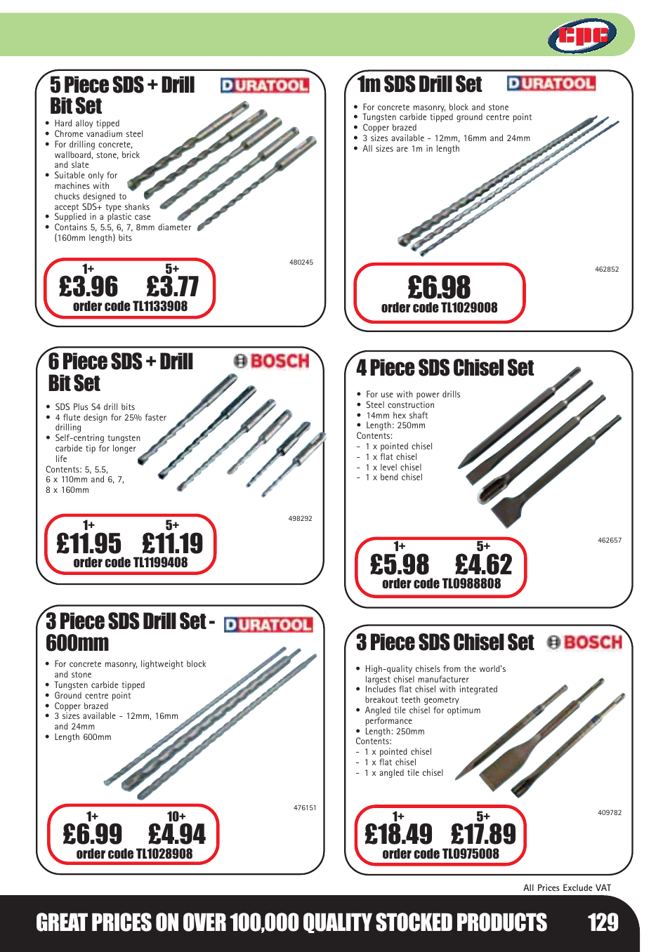 5 piece sds + drill bit set, 6 piece sds + drill bit set, 3 piece sds drill set - 600mm | 1m sds drill set, 4 piece sds chisel set 3 piece sds chisel set | Bosch LHM0610 User Manual | Page 129 / 148