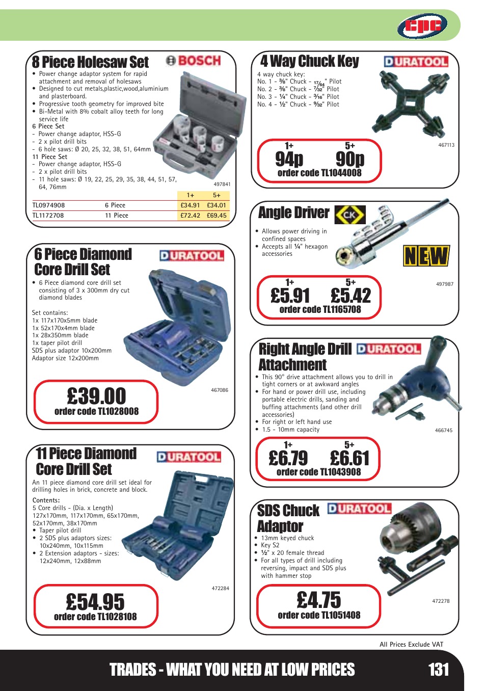 94p 90p, Trades - what you need at low prices 131, 8 piece holesaw set | 6 piece diamond core drill set, 11 piece diamond core drill set, 4 way chuck key, Angle driver, Right angle drill attachment, Sds chuck adaptor | Bosch LHM0610 User Manual | Page 131 / 148