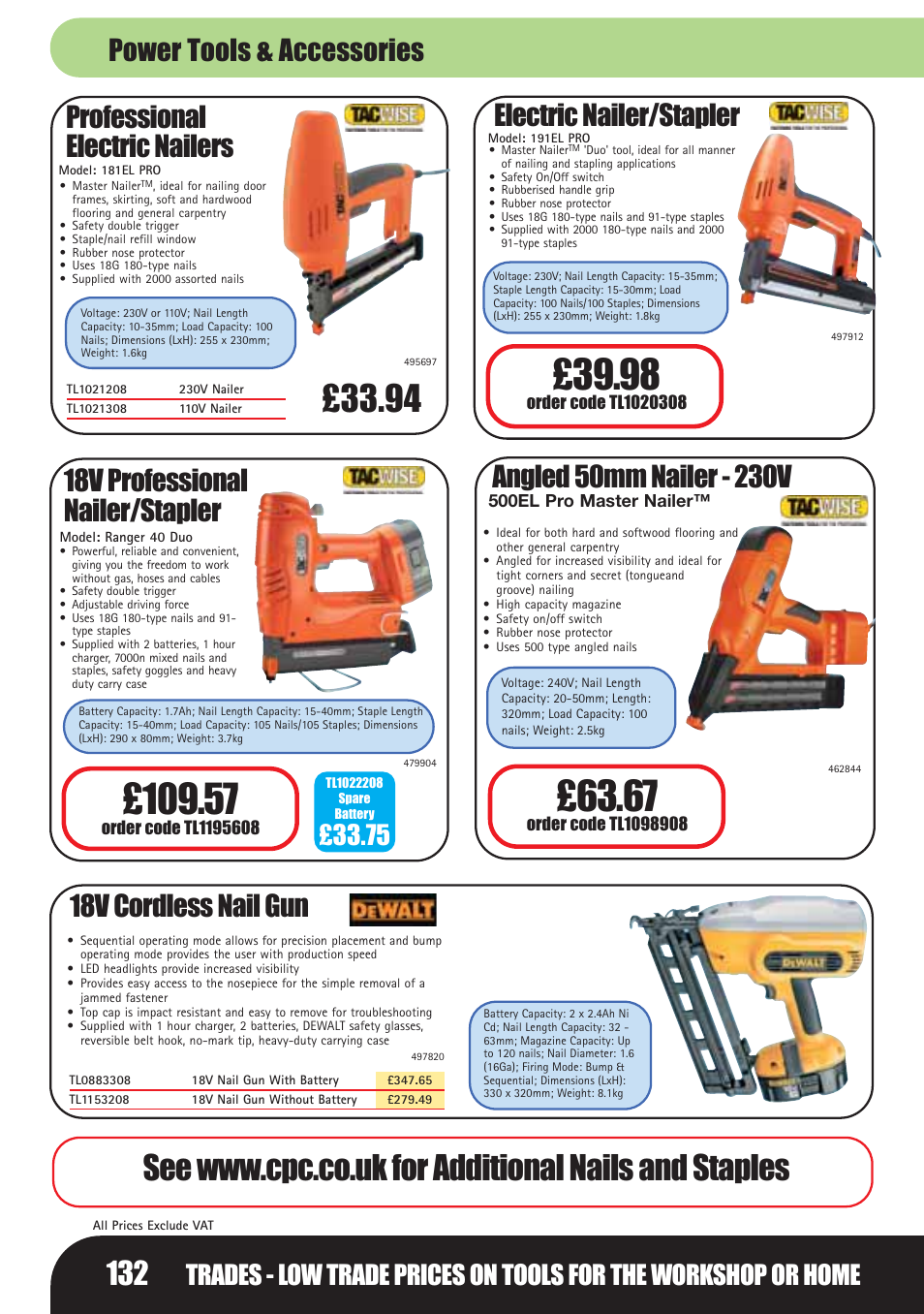 Professional electric nailers, 18v professional nailer/stapler, Electric nailer/stapler | 18v cordless nail gun, Power tools & accessories | Bosch LHM0610 User Manual | Page 132 / 148