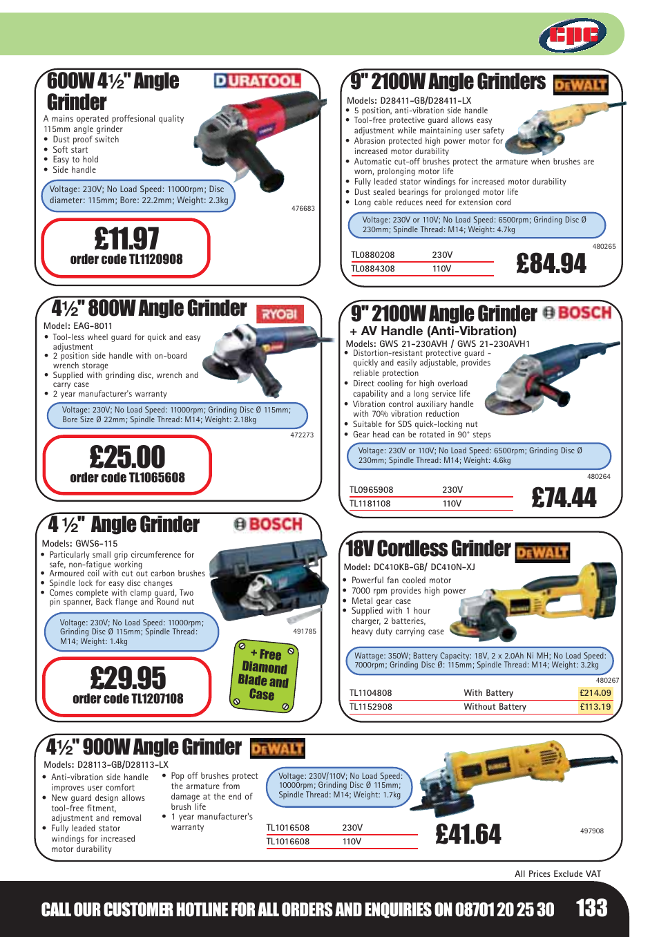 600w 4 ¹⁄₂ " angle grinder, 4¹⁄₂ " 900w angle grinder, 18v cordless grinder | 4¹⁄₂ " 800w angle grinder, 4¹⁄₂ " angle grinder | Bosch LHM0610 User Manual | Page 133 / 148