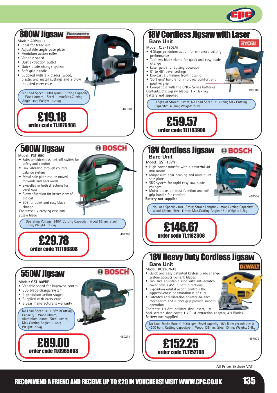 800w jigsaw, 500w jigsaw, 550w jigsaw | 18v cordless jigsaw with laser, 18v heavy duty cordless jigsaw, 18v cordless jigsaw | Bosch LHM0610 User Manual | Page 135 / 148