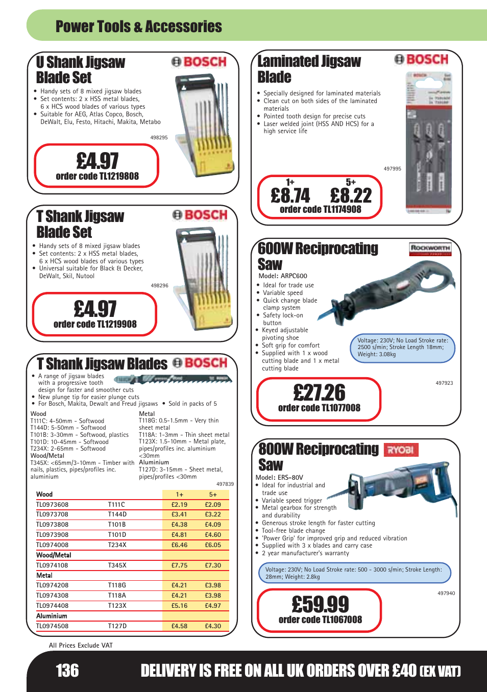 U shank jigsaw blade set, T shank jigsaw blades, Laminated jigsaw blade | 600w reciprocating saw, 800w reciprocating saw, T shank jigsaw blade set, Power tools & accessories, Ex vat) | Bosch LHM0610 User Manual | Page 136 / 148