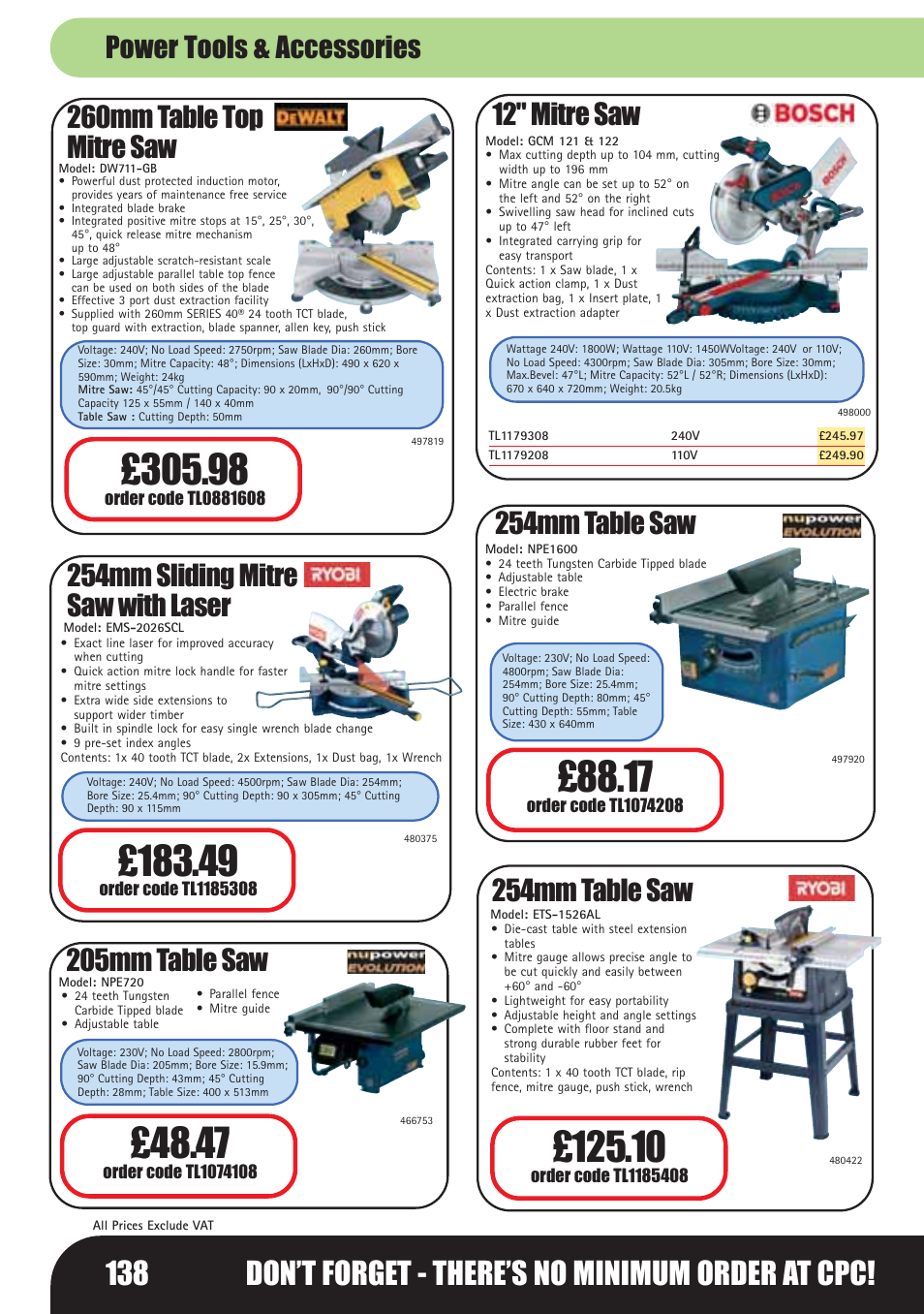 138 don’t forget - there’s no minimum order at cpc, 260mm table top mitre saw, 254mm sliding mitre saw with laser | 205mm table saw, 12" mitre saw, 254mm table saw, Power tools & accessories | Bosch LHM0610 User Manual | Page 138 / 148