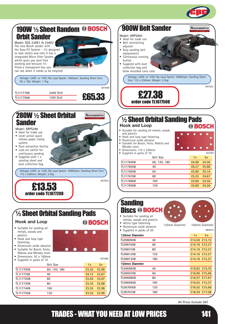 Trades - what you need at low prices 141, 190w ¹⁄₃ sheet random orbit sander, 280w ¹⁄₂ sheet orbital sander | 900w belt sander, Sheet orbital sanding pads, Sanding discs | Bosch LHM0610 User Manual | Page 141 / 148