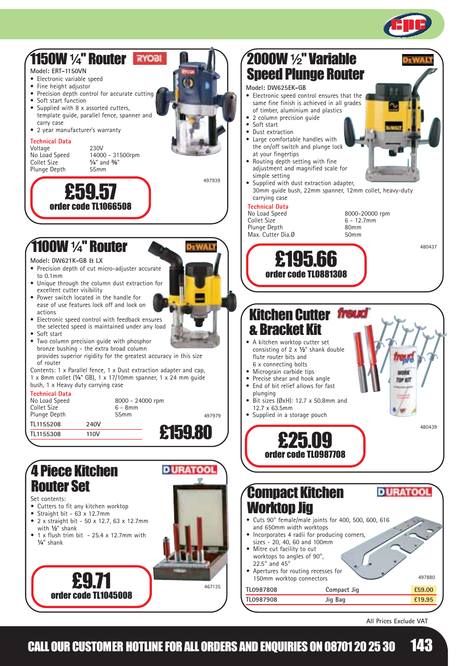 1100w ¹⁄₄ " router, 2000w ¹⁄₂ " variable speed plunge router, 4 piece kitchen router set | Kitchen cutter & bracket kit, 1150w ¹⁄₄ " router, Compact kitchen worktop jig | Bosch LHM0610 User Manual | Page 143 / 148