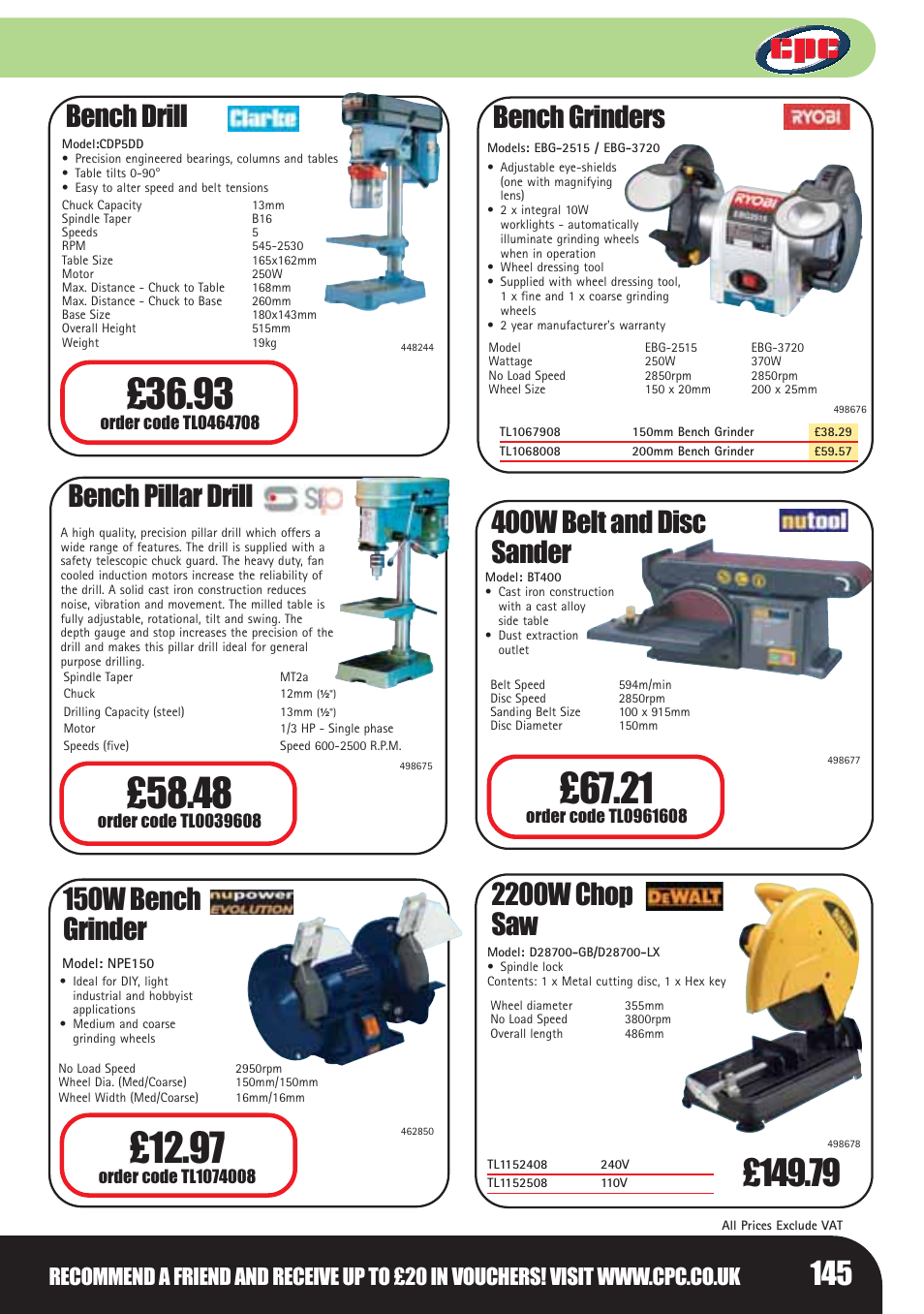 Bench drill, Bench pillar drill, 150w bench grinder | Bench grinders, 2200w chop saw, 400w belt and disc sander | Bosch LHM0610 User Manual | Page 145 / 148