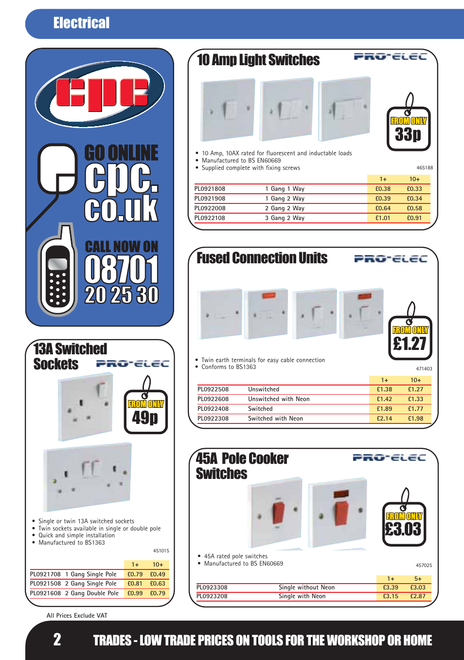 03 49p, 13a switched sockets 10 amp light switches, Fused connection units | 45a pole cooker switches, Electrical | Bosch LHM0610 User Manual | Page 2 / 148