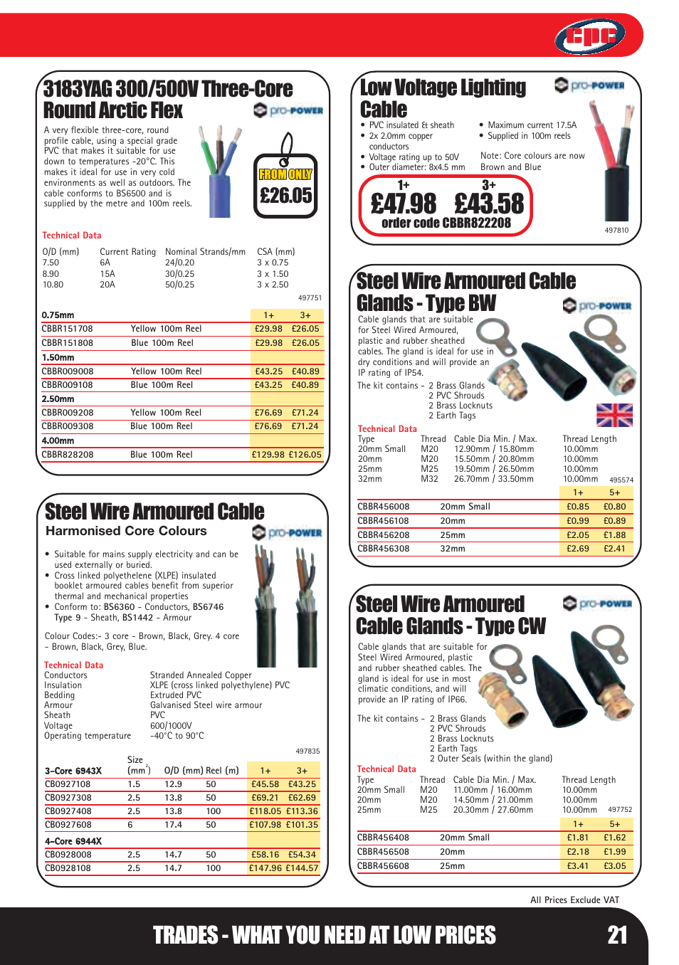 Trades - what you need at low prices 21, Low voltage lighting cable, Steel wire armoured cable | Steel wire armoured cable glands - type bw, Steel wire armoured cable glands - type cw, Harmonised core colours | Bosch LHM0610 User Manual | Page 21 / 148