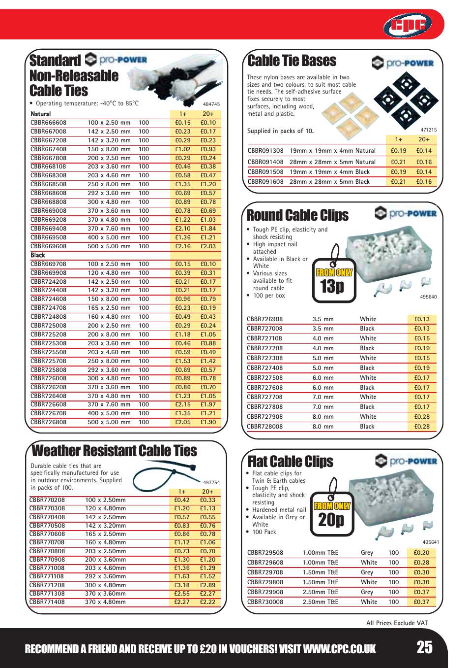 Standard non-releasable cable ties, Flat cable clips, Round cable clips | Cable tie bases, Weather resistant cable ties | Bosch LHM0610 User Manual | Page 25 / 148