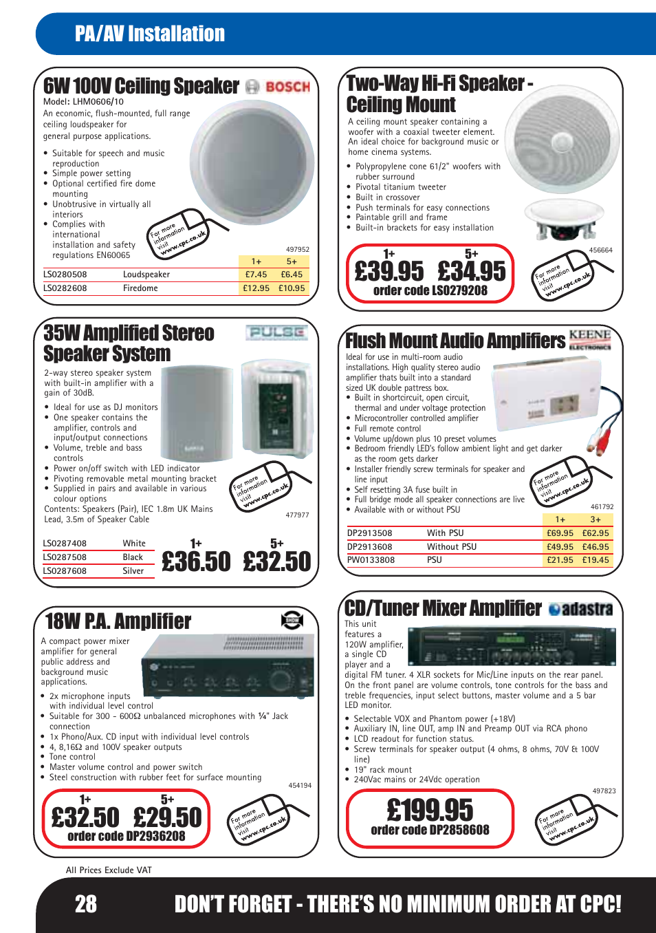 28 don’t forget - there’s no minimum order at cpc, 6w 100v ceiling speaker, 18w p.a. amplifier | 35w amplified stereo speaker system, Two-way hi-fi speaker - ceiling mount, Cd/tuner mixer amplifier, Pa/av installation, Flush mount audio amplifiers | Bosch LHM0610 User Manual | Page 28 / 148