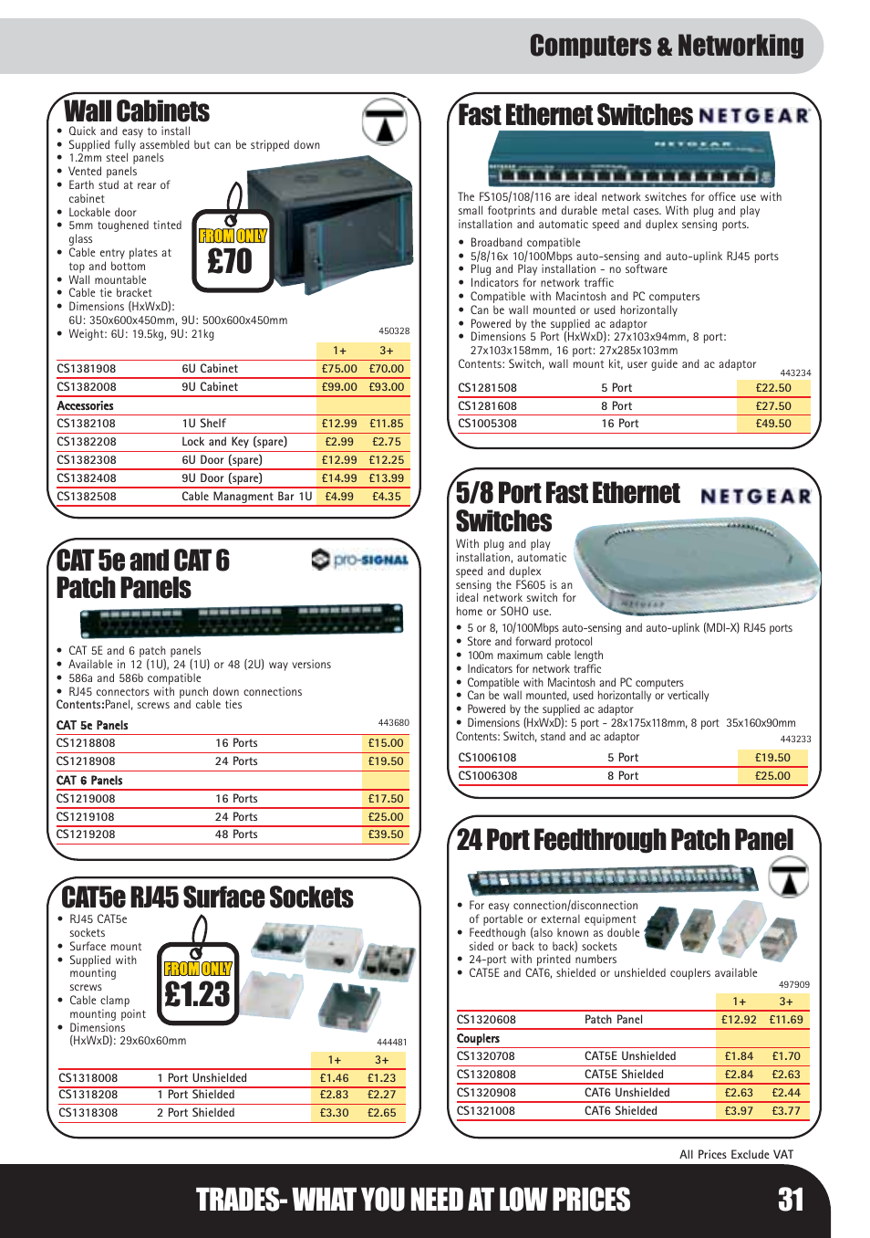 Trades- what you need at low prices 31, Cat 5e and cat 6 patch panels, 24 port feedthrough patch panel | Fast ethernet switches, 5/8 port fast ethernet switches, Wall cabinets, Cat5e rj45 surface sockets computers & networking | Bosch LHM0610 User Manual | Page 31 / 148