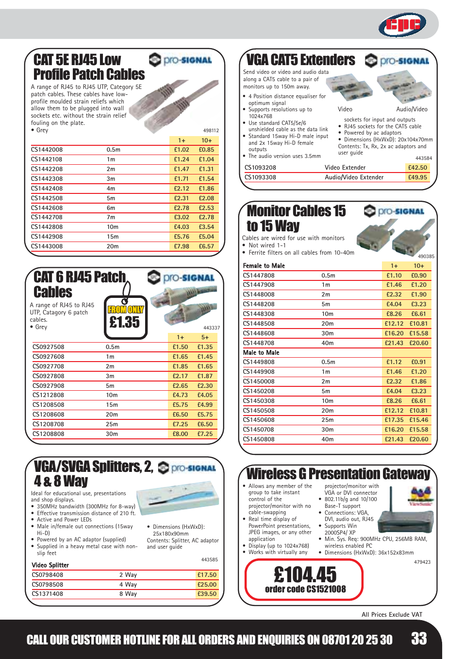 Cat 5e rj45 low profile patch cables, Vga cat5 extenders, Vga/svga splitters, 2, 4 & 8 way | Monitor cables 15 to 15 way, Wireless g presentation gateway, Cat 6 rj45 patch cables | Bosch LHM0610 User Manual | Page 33 / 148