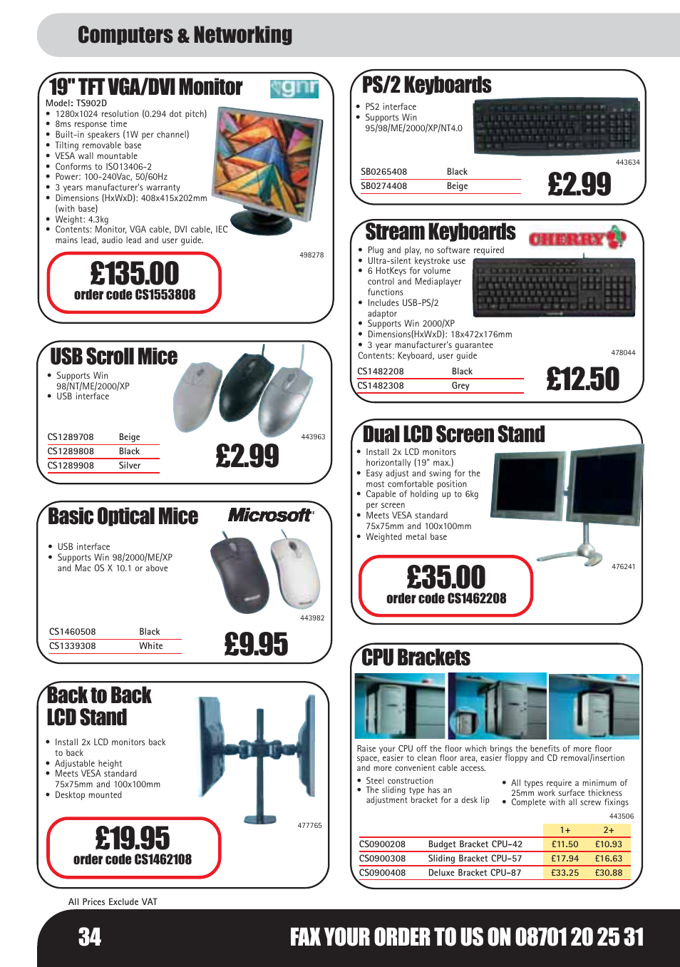 19" tft vga/dvi monitor, Usb scroll mice, Basic optical mice | Stream keyboards, Back to back lcd stand, Ps/2 keyboards, Dual lcd screen stand, Cpu brackets, Computers & networking | Bosch LHM0610 User Manual | Page 34 / 148