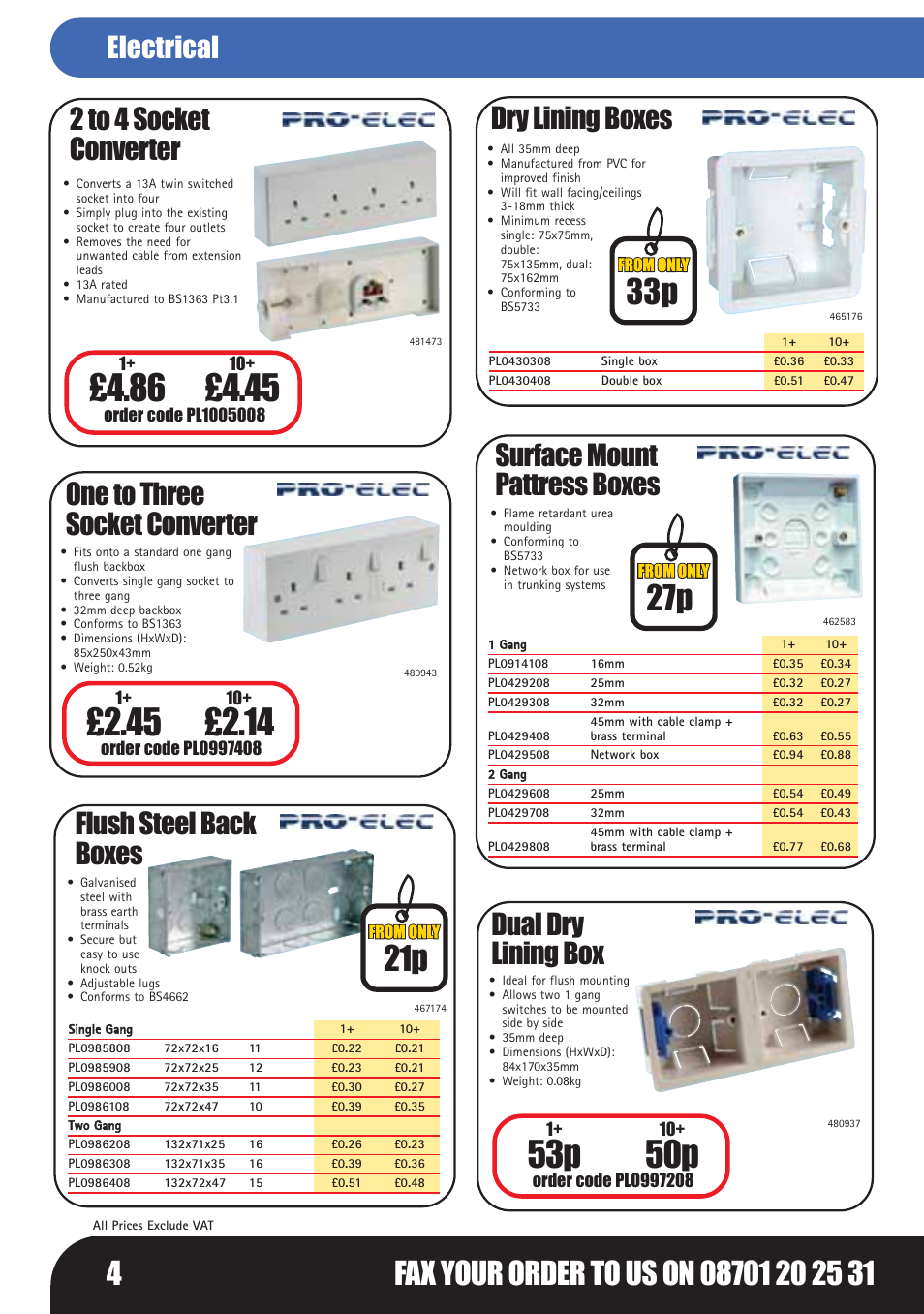 53p 50p, 2 to 4 socket converter, One to three socket converter | Flush steel back boxes dry lining boxes, Dual dry lining box, Surface mount pattress boxes, Electrical | Bosch LHM0610 User Manual | Page 4 / 148