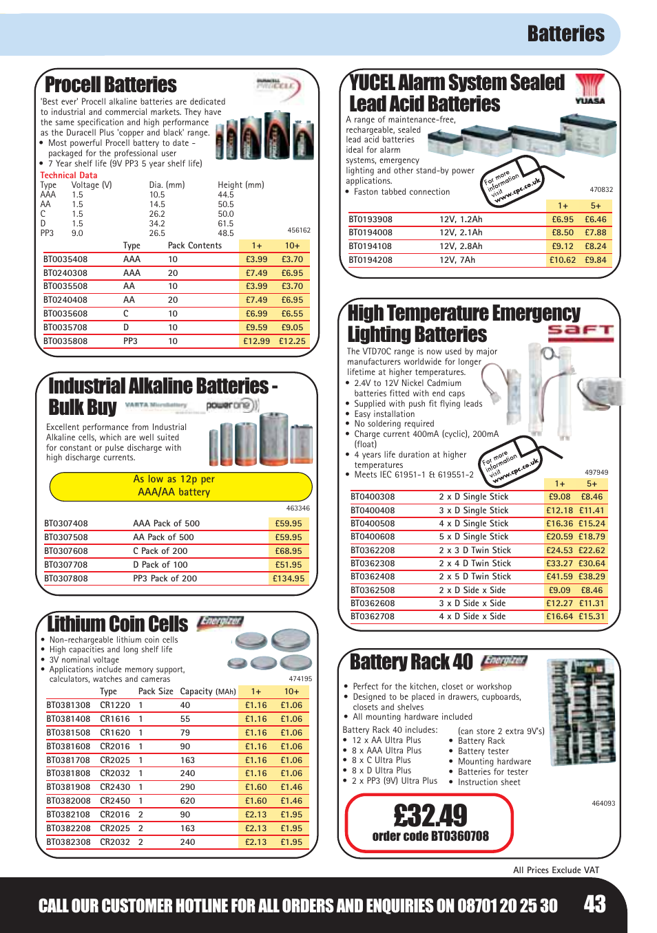 Procell batteries, Yucel alarm system sealed lead acid batteries, High temperature emergency lighting batteries | Battery rack 40, Batteries | Bosch LHM0610 User Manual | Page 43 / 148