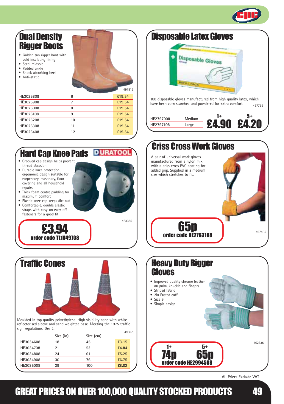 74p 65p, Dual density rigger boots, Hard cap knee pads | Traffic cones, Disposable latex gloves, Criss cross work gloves, Heavy duty rigger gloves | Bosch LHM0610 User Manual | Page 49 / 148