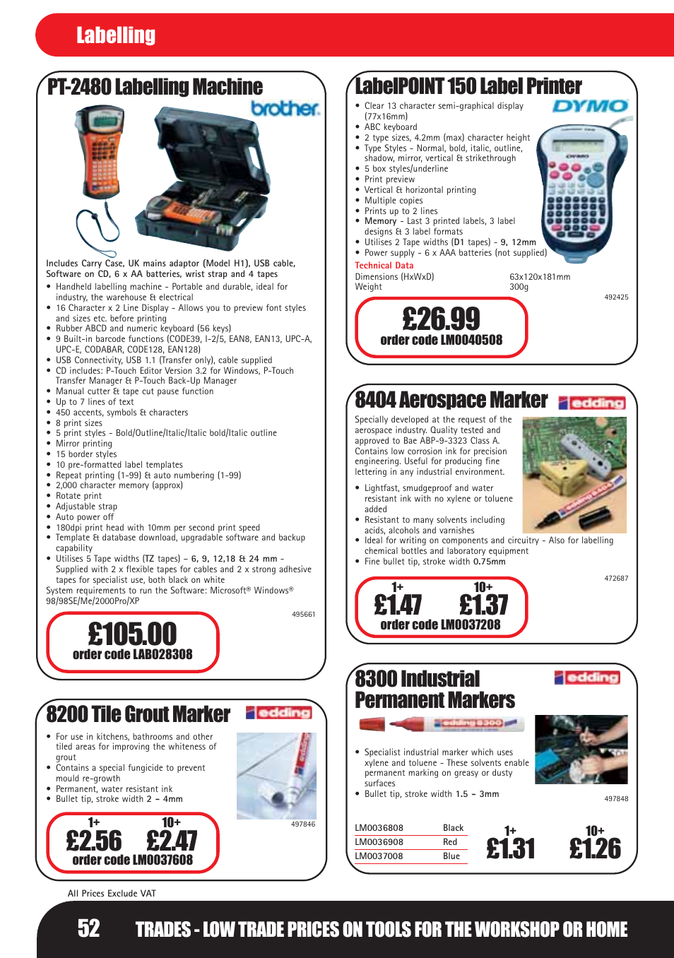 Pt-2480 labelling machine, 8404 aerospace marker, 8300 industrial permanent markers | Labelpoint 150 label printer, 8200 tile grout marker, Labelling | Bosch LHM0610 User Manual | Page 52 / 148