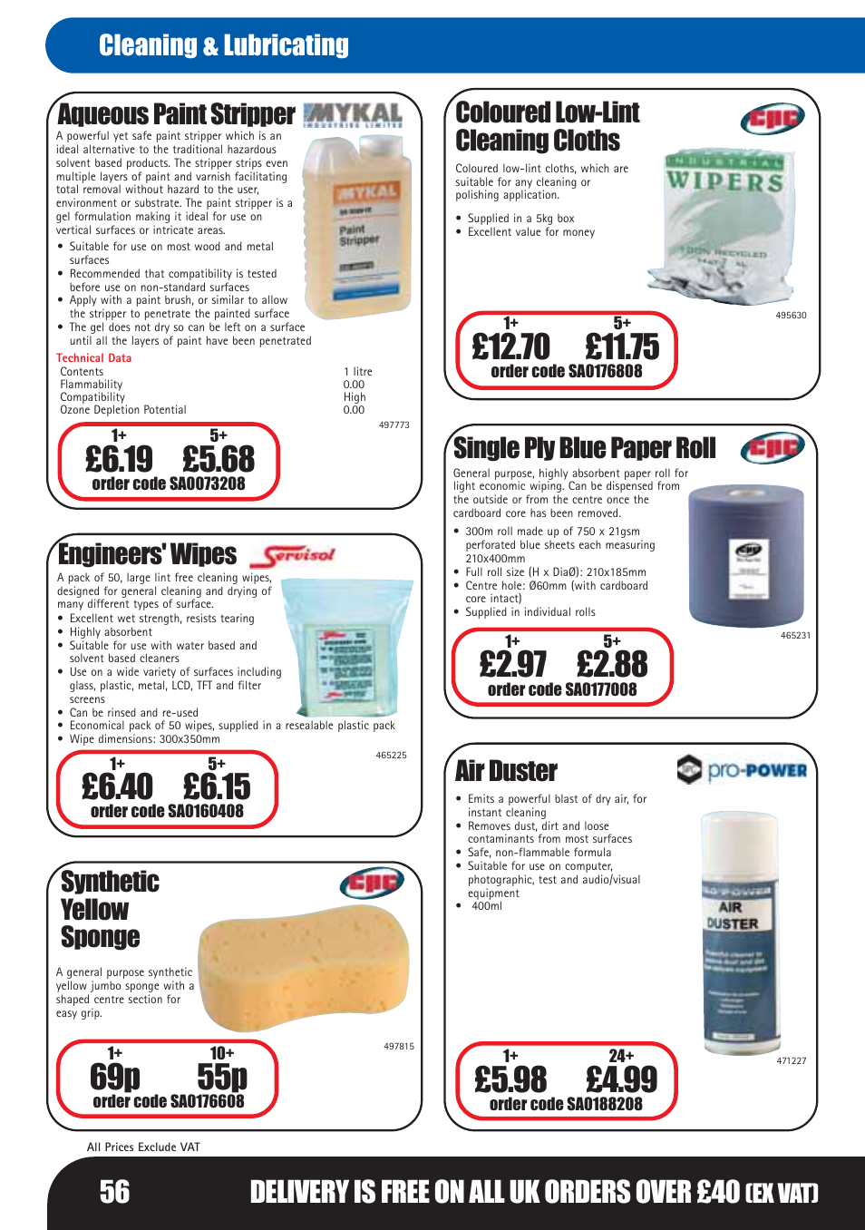 69p 55p, 56 delivery is free on all uk orders over £40, Aqueous paint stripper | Engineers' wipes, Coloured low-lint cleaning cloths, Synthetic yellow sponge air duster, Single ply blue paper roll, Cleaning & lubricating, Ex vat) | Bosch LHM0610 User Manual | Page 56 / 148