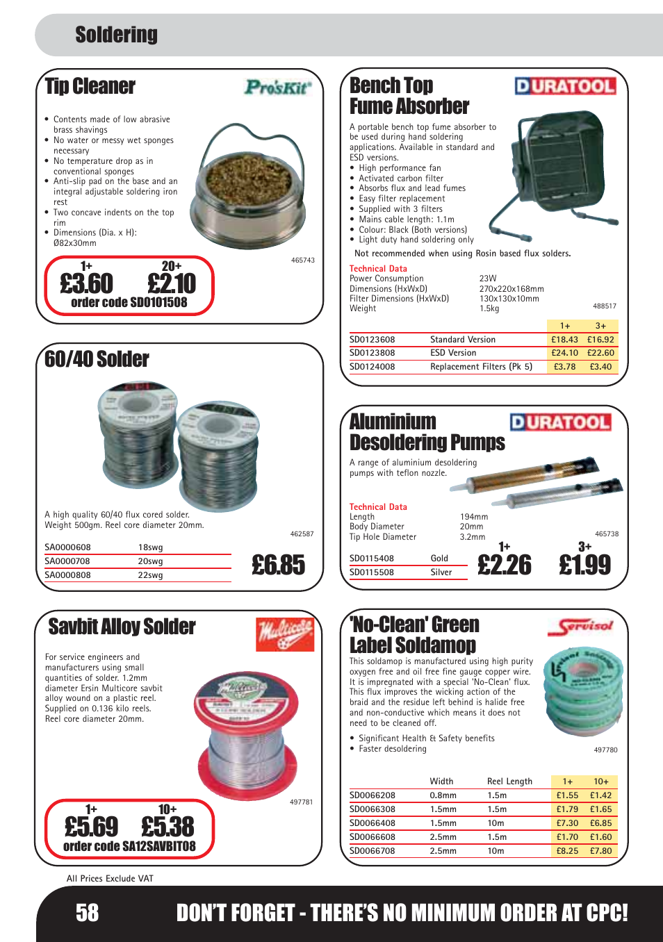 58 don’t forget - there’s no minimum order at cpc, Tip cleaner, 60/40 solder | Savbit alloy solder, Bench top fume absorber, No-clean' green, Label soldamop, Aluminium desoldering pumps, Soldering | Bosch LHM0610 User Manual | Page 58 / 148