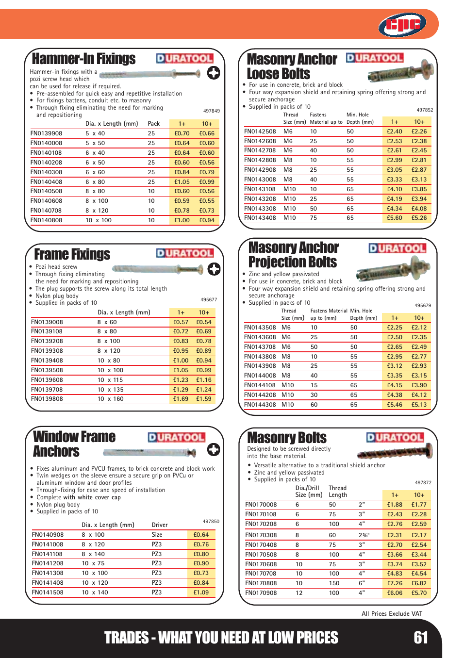 Trades - what you need at low prices 61, Hammer-in fixings, Frame fixings | Window frame anchors, Masonry anchor loose bolts, Masonry bolts, Masonry anchor projection bolts | Bosch LHM0610 User Manual | Page 61 / 148