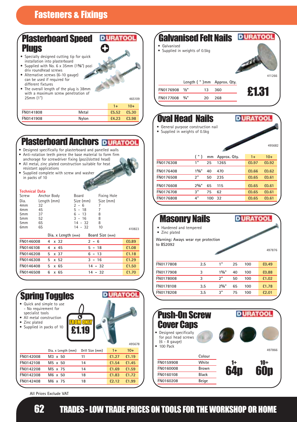 64p 60p, Plasterboard speed plugs, Plasterboard anchors | Spring toggles, Masonry nails, Oval head nails, Push-on screw cover caps, Galvanised felt nails, Fasteners & fixings | Bosch LHM0610 User Manual | Page 62 / 148