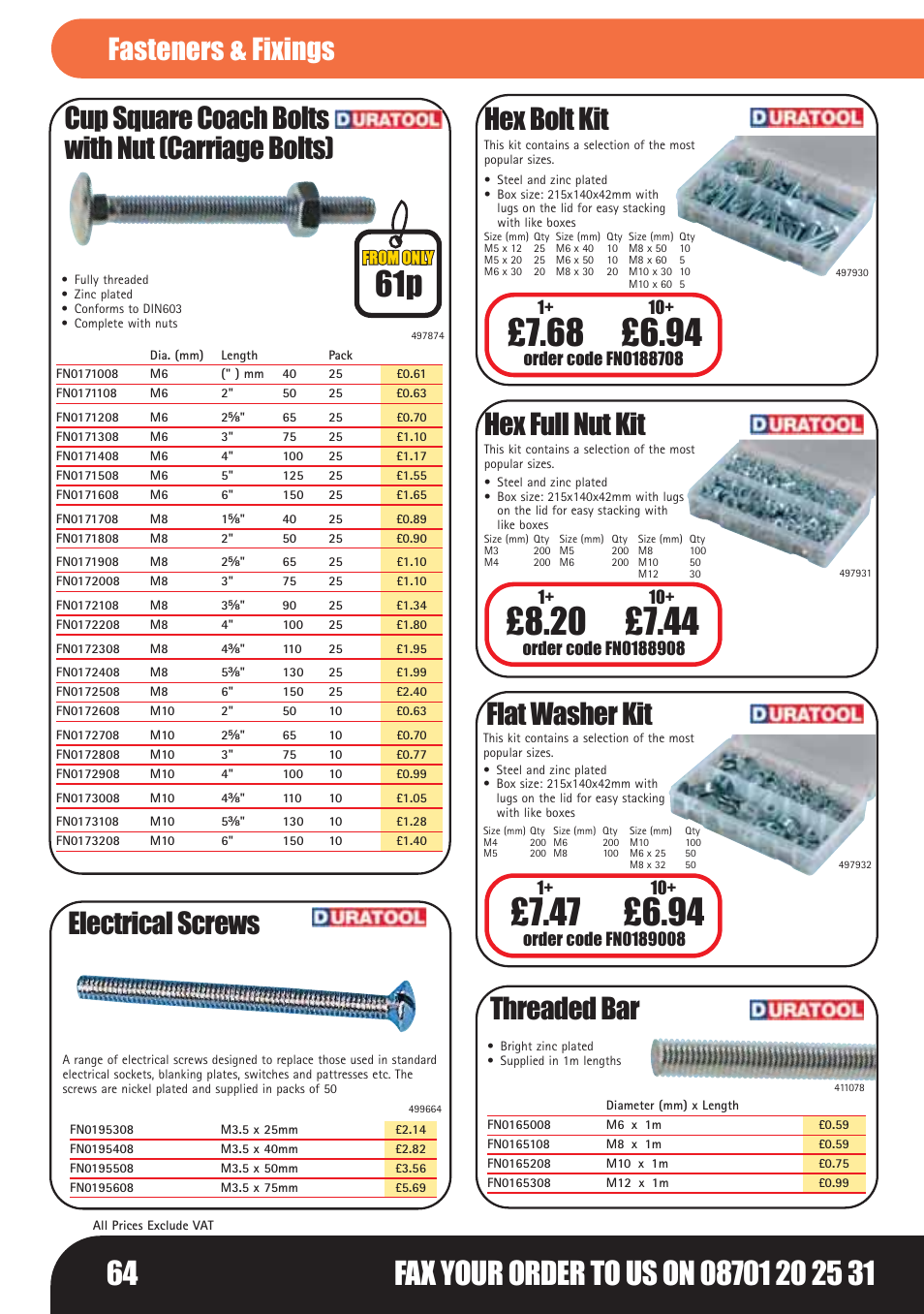 Hex bolt kit, Cup square coach bolts with nut (carriage bolts), Hex full nut kit | Flat washer kit, Threaded bar, Electrical screws, Fasteners & fixings | Bosch LHM0610 User Manual | Page 64 / 148