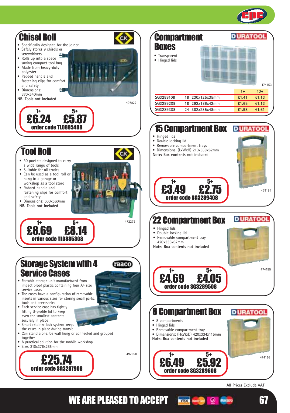 We are pleased to accept 67, Chisel roll, Tool roll | Compartment boxes, 15 compartment box, 22 compartment box, 8 compartment box, Storage system with 4 service cases | Bosch LHM0610 User Manual | Page 67 / 148