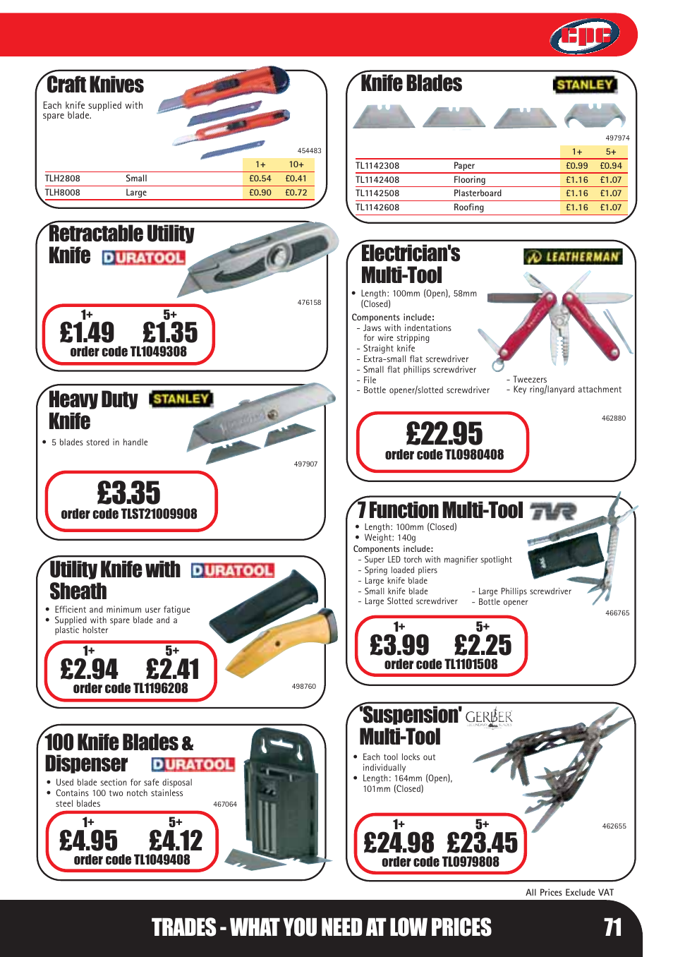 Trades - what you need at low prices 71, Craft knives, Retractable utility knife | Heavy duty knife, Knife blades, 100 knife blades & dispenser, 7 function multi-tool electrician's multi-tool, Suspension' multi-tool, Utility knife with sheath | Bosch LHM0610 User Manual | Page 71 / 148