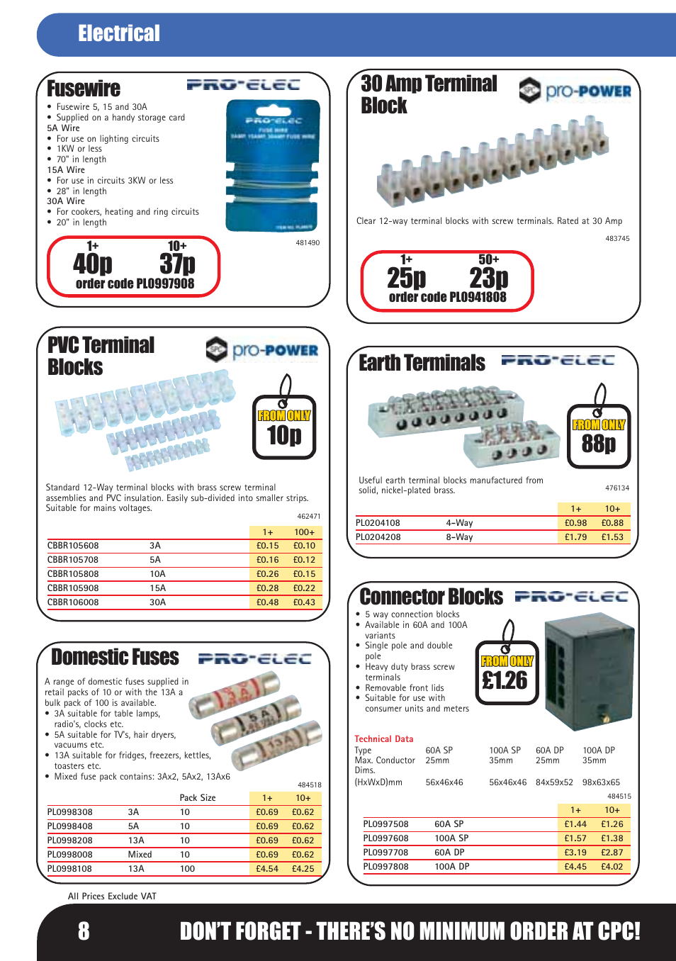 40p 37p, 25p 23p, 8don’t forget - there’s no minimum order at cpc | Fusewire, Domestic fuses, Pvc terminal blocks, 30 amp terminal block, Earth terminals, Connector blocks, Electrical | Bosch LHM0610 User Manual | Page 8 / 148