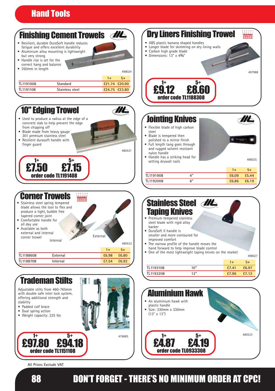 88 don’t forget - there’s no minimum order at cpc, Finishing cement trowels, 10" edging trowel | Corner trowels, Dry liners finishing trowel, Trademan stilts, Jointing knives, Stainless steel taping knives, Aluminium hawk, Hand tools | Bosch LHM0610 User Manual | Page 88 / 148