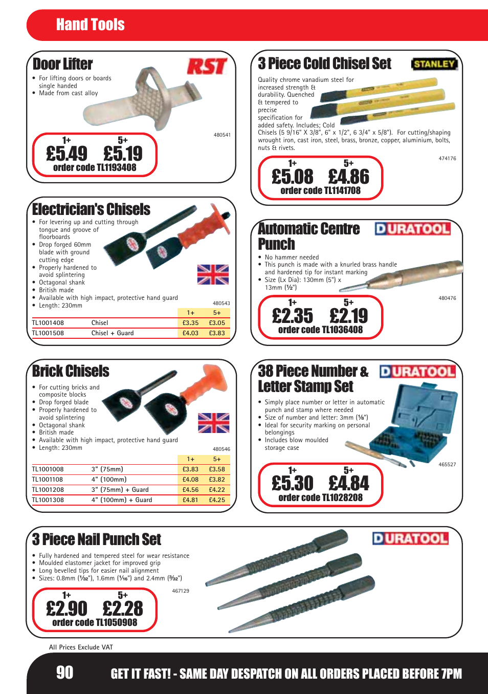 Door lifter electrician's chisels, Brick chisels, 3 piece nail punch set | Automatic centre punch, 3 piece cold chisel set, 38 piece number & letter stamp set hand tools | Bosch LHM0610 User Manual | Page 90 / 148