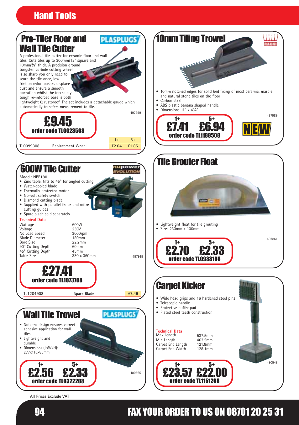 Pro-tiler floor and wall tile cutter, 600w tile cutter, Tile grouter float | Carpet kicker, Wall tile trowel, 10mm tiling trowel, Hand tools | Bosch LHM0610 User Manual | Page 94 / 148