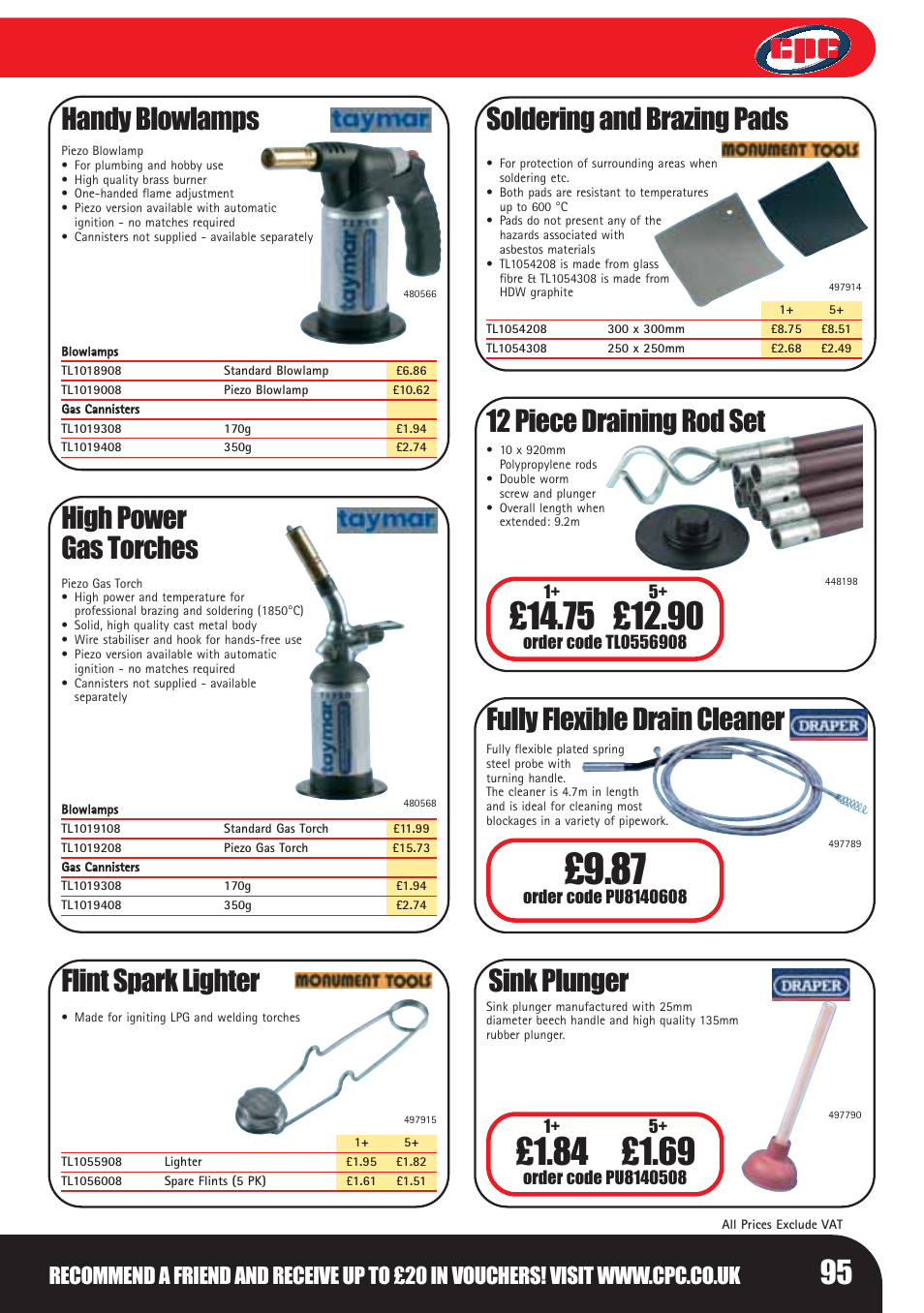 Handy blowlamps, Flint spark lighter, Soldering and brazing pads | 12 piece draining rod set, Fully flexible drain cleaner, Sink plunger, High power gas torches | Bosch LHM0610 User Manual | Page 95 / 148