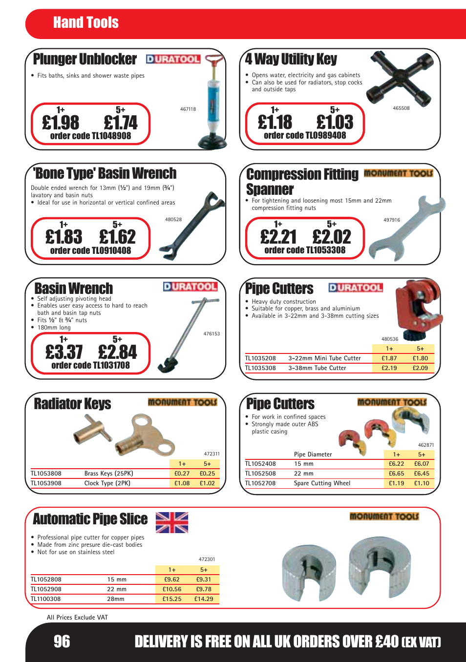 96 delivery is free on all uk orders over £40, Basin wrench, Radiator keys | Compression fitting spanner, Pipe cutters, Automatic pipe slice, 4 way utility key, Plunger unblocker, Bone type' basin wrench, Hand tools | Bosch LHM0610 User Manual | Page 96 / 148