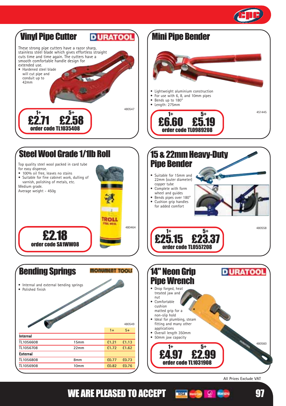 We are pleased to accept 97, Vinyl pipe cutter, Bending springs | Mini pipe bender, 15 & 22mm heavy-duty pipe bender, 14" neon grip pipe wrench, Steel wool grade 1/1lb roll | Bosch LHM0610 User Manual | Page 97 / 148