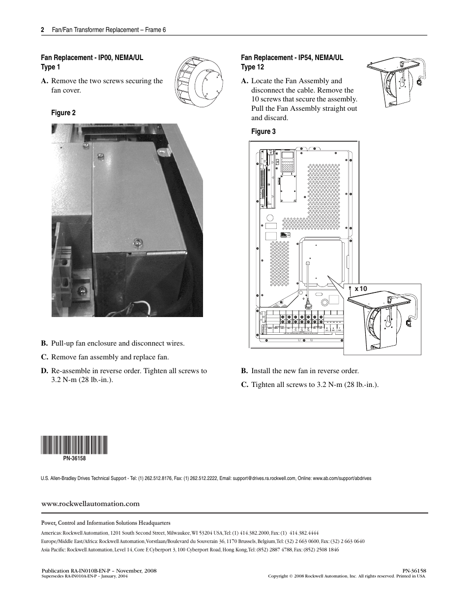 Fan replacement - ip00, nema/ul type 1, Fan replacement - ip54, nema/ul type 12, 2fan/fan transformer replacement – frame 6 | Wire strip x 10 | Rockwell Automation GV3000 Fan/Transformer Replacement - Frame 6 User Manual | Page 2 / 2