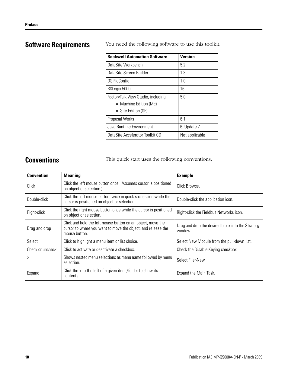 Software requirements, Conventions, Software requirements conventions | Rockwell Automation 1758 DataSite Accelerator Toolkit User Manual | Page 10 / 112