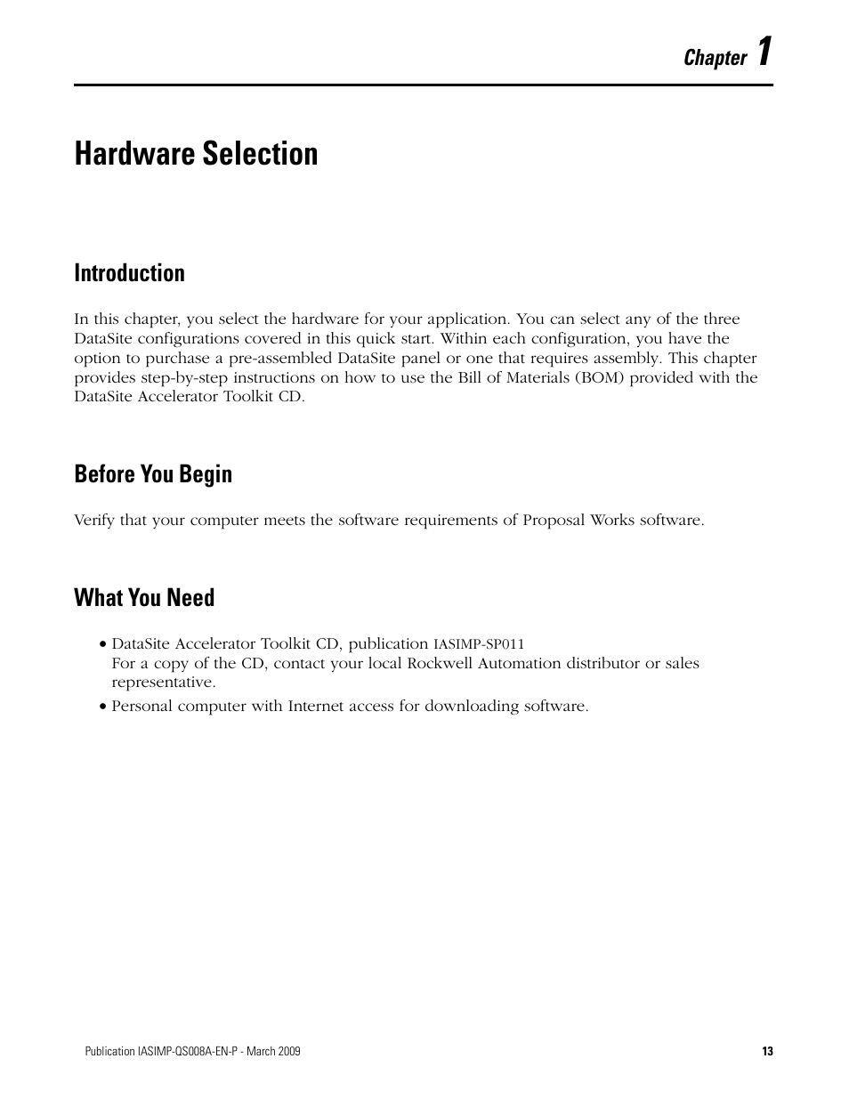 Chapter 1 - hardware selection, Introduction, Before you begin | What you need, Chapter 1, Hardware selection, Introduction before you begin what you need | Rockwell Automation 1758 DataSite Accelerator Toolkit User Manual | Page 13 / 112