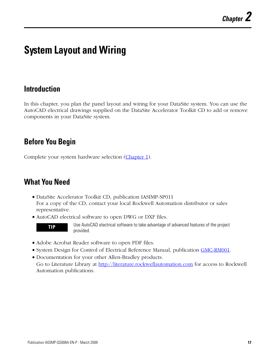 Chapter 2 - system layout and wiring, Introduction, Before you begin | What you need, Chapter 2, System layout and wiring, Introduction before you begin what you need, Chapter | Rockwell Automation 1758 DataSite Accelerator Toolkit User Manual | Page 17 / 112