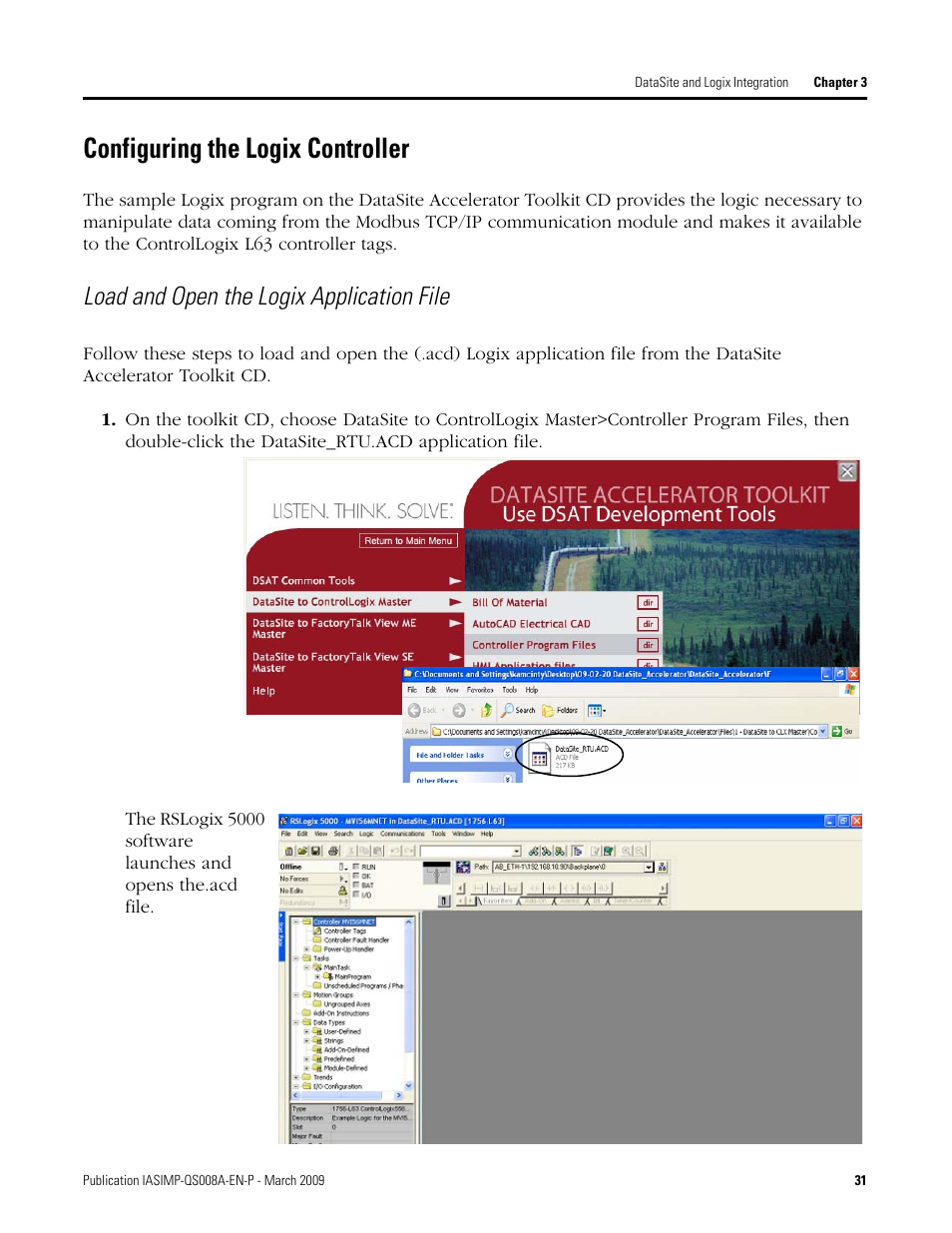 Configuring the logix controller, Load and open the logix, Application file | Load and open the logix application file | Rockwell Automation 1758 DataSite Accelerator Toolkit User Manual | Page 31 / 112