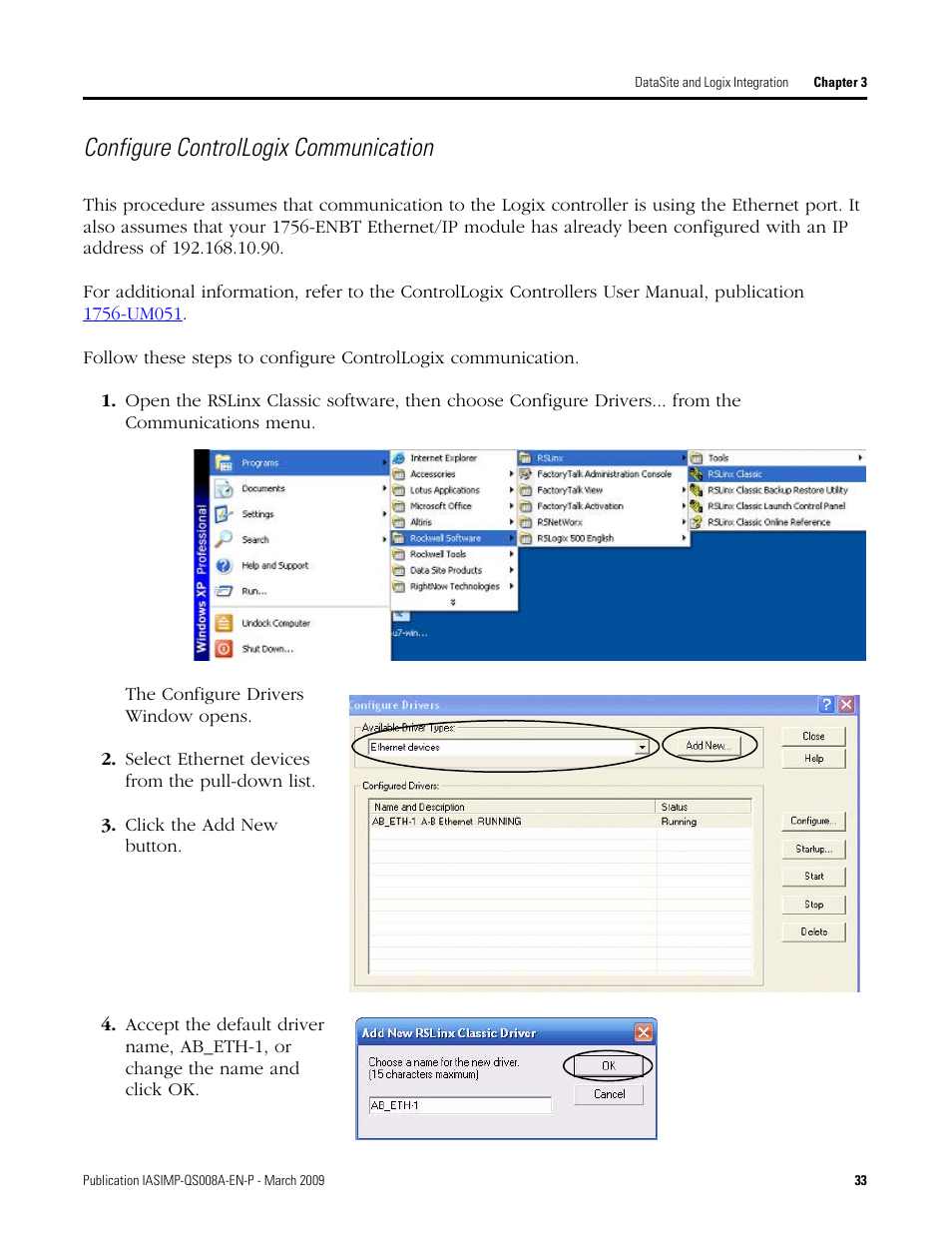 Configure controllogix, Communication, Configure controllogix communication | Rockwell Automation 1758 DataSite Accelerator Toolkit User Manual | Page 33 / 112