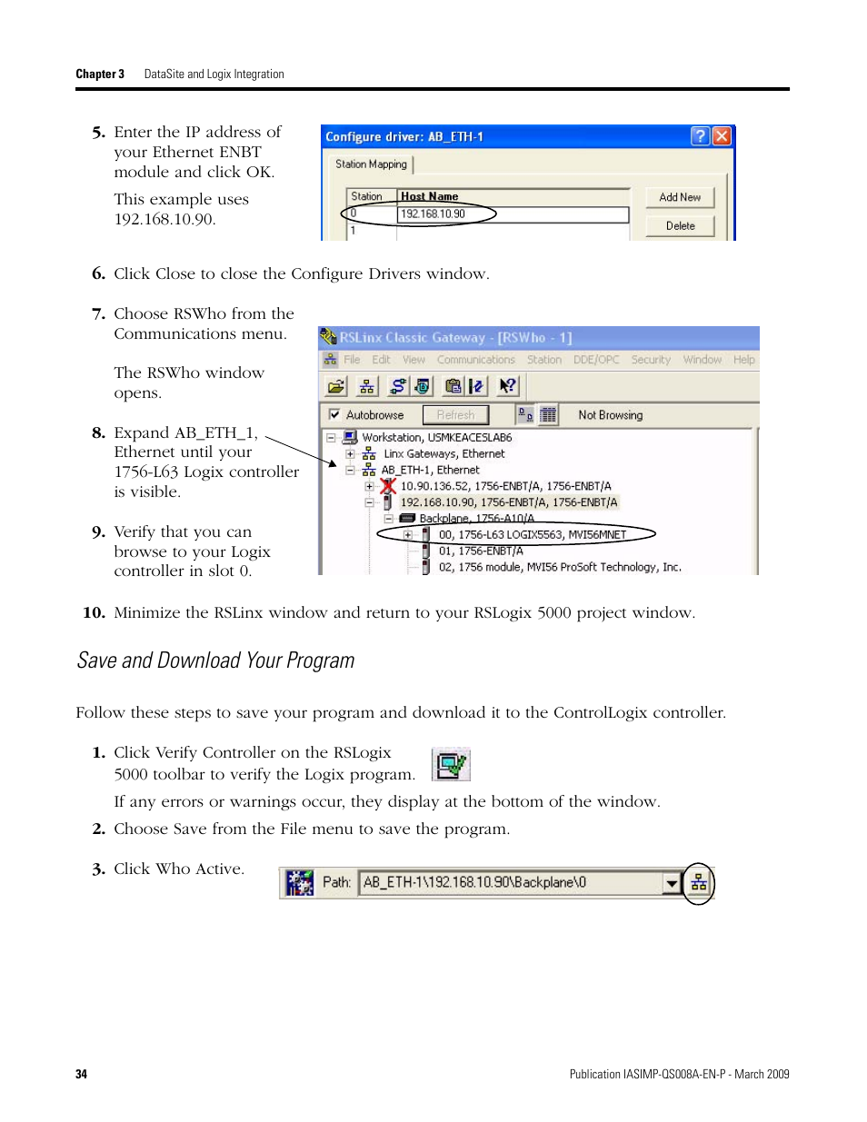 Save and download your, Program, Save and download your program | Rockwell Automation 1758 DataSite Accelerator Toolkit User Manual | Page 34 / 112