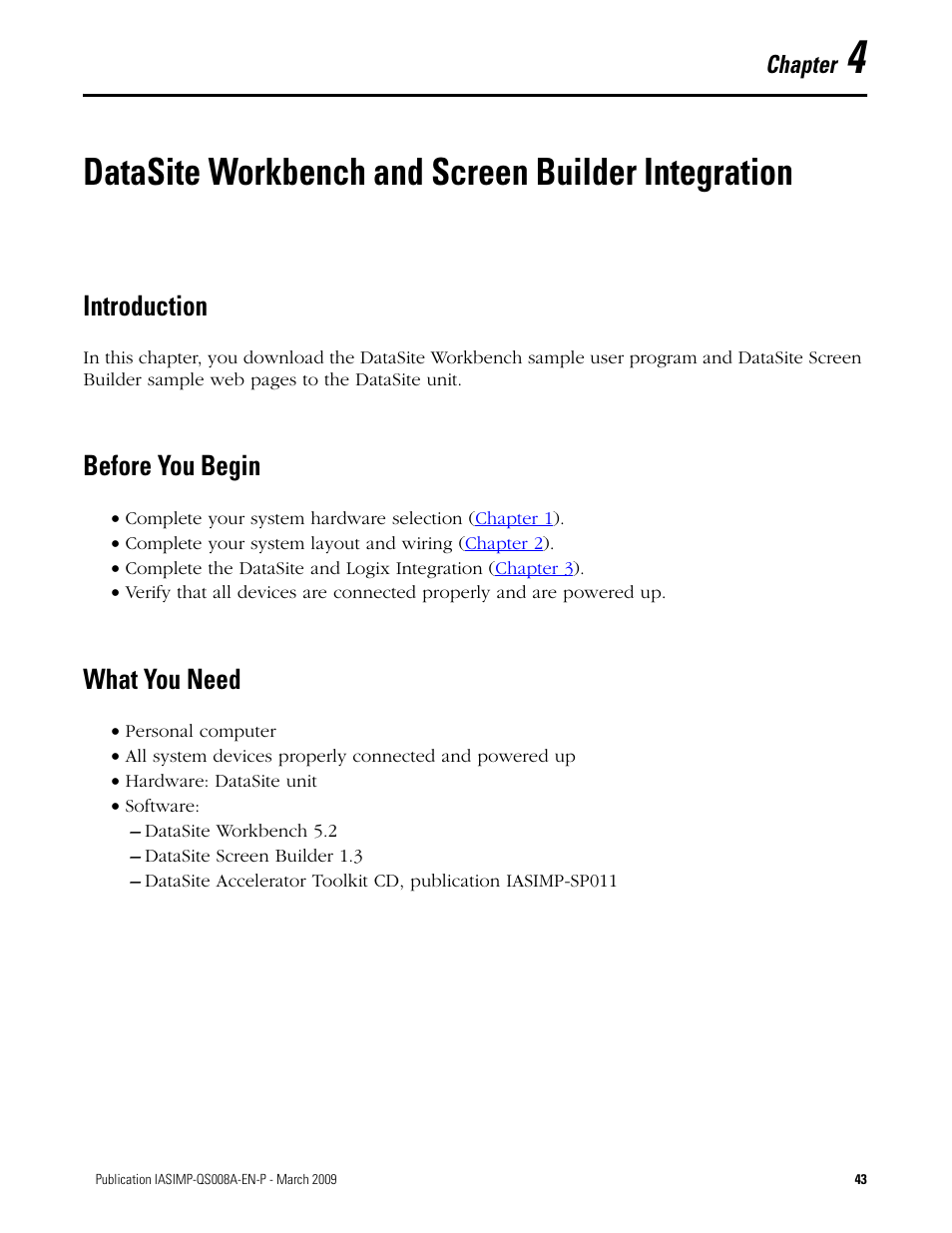 Introduction, Before you begin, What you need | Chapter 4, Datasite workbench and screen builder integration, Introduction before you begin what you need, Chapter | Rockwell Automation 1758 DataSite Accelerator Toolkit User Manual | Page 43 / 112