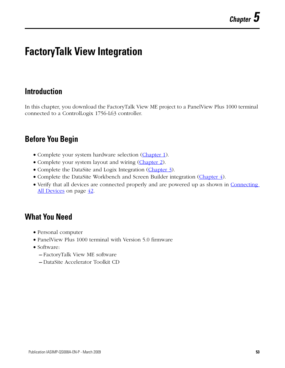 Chapter 5 - factorytalk view integration, Introduction, Before you begin | What you need, Chapter 5, Factorytalk view integration, Introduction before you begin what you need, Chapter | Rockwell Automation 1758 DataSite Accelerator Toolkit User Manual | Page 53 / 112
