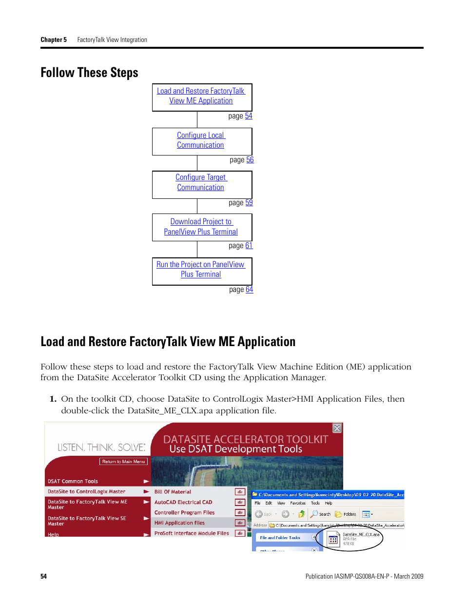 Follow these steps, Load and restore factorytalk view me application | Rockwell Automation 1758 DataSite Accelerator Toolkit User Manual | Page 54 / 112