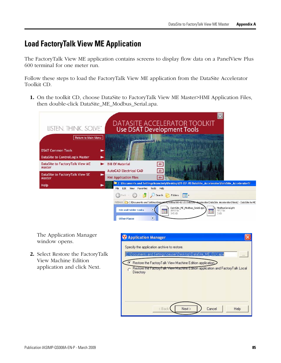 Load factorytalk view me application, Load factorytalk view me, Application | Rockwell Automation 1758 DataSite Accelerator Toolkit User Manual | Page 85 / 112