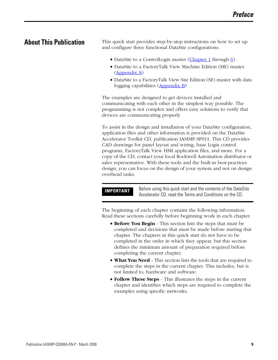 Preface, About this publication, Preface about this publication | Rockwell Automation 1758 DataSite Accelerator Toolkit User Manual | Page 9 / 112