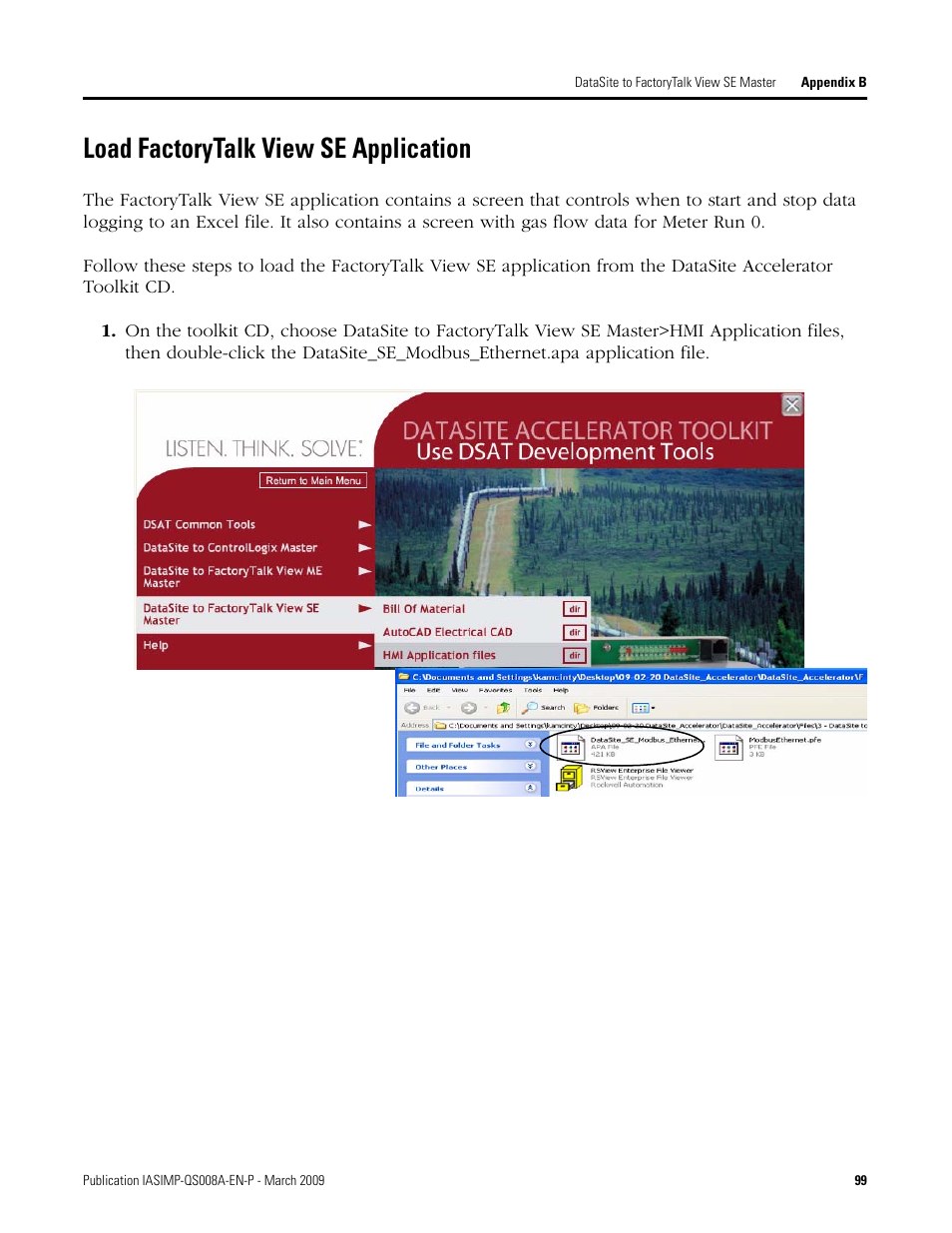 Load factorytalk view se application, Load factorytalk view se, Application | Rockwell Automation 1758 DataSite Accelerator Toolkit User Manual | Page 99 / 112