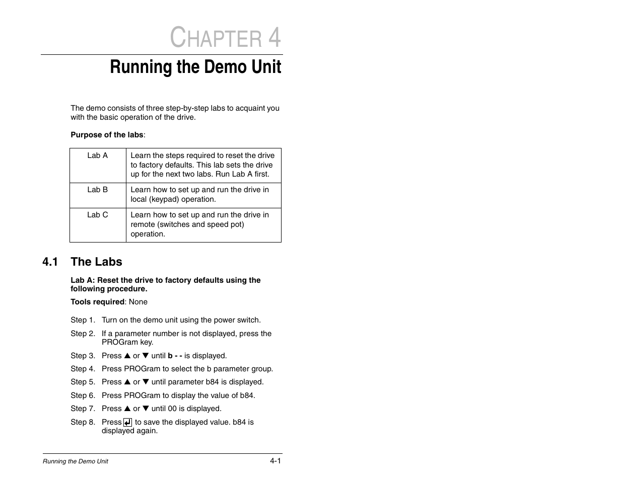 4 running the demo unit, 1 the labs, Hapter | Running the demo unit | Rockwell Automation SP120 AC Drive Demo Unit User Manual | Page 13 / 20
